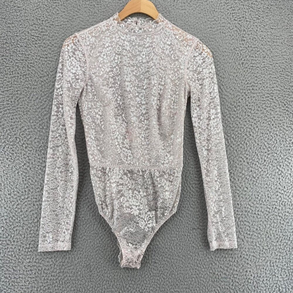 Victorias Secret Bodysuit Womens Small Silver Metallic Long Sleeve Lingerie Lace